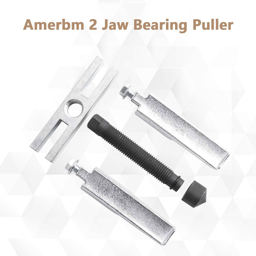 Two-jaw bearing puller with wide spread jaws and threaded center rod, steel gray