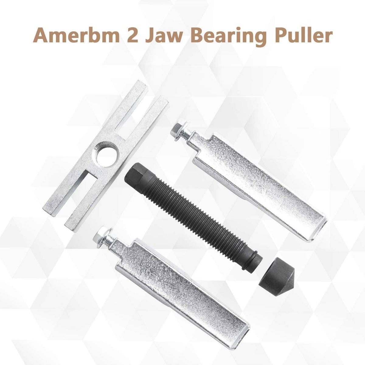 Two-jaw bearing puller with wide spread jaws and threaded center rod, steel gray