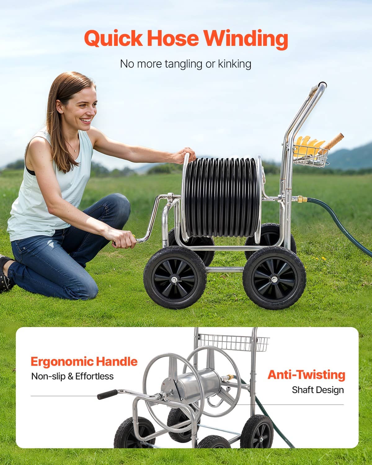 Water hose reel cart with neatly wound hose drum and ergonomic non-slip handle