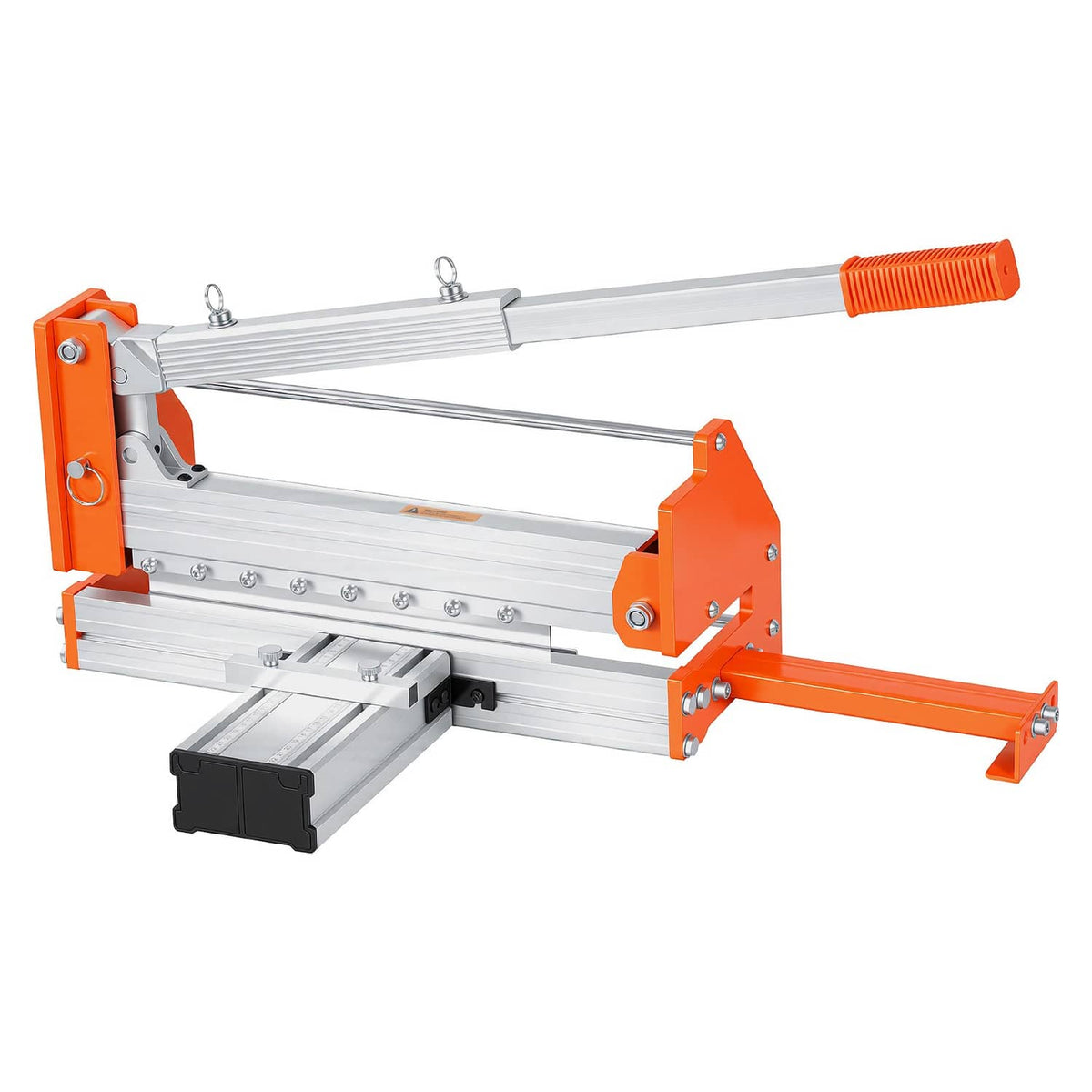 Flooring cutter tool with orange handle, silver rails, and black carry blocks