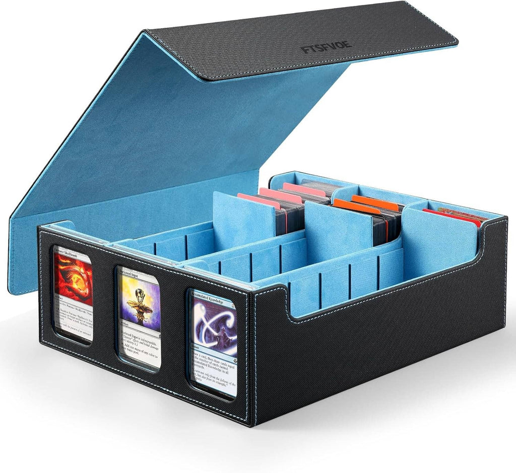 Trading card storage box with open lid, black exterior and blue card dividers