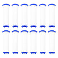 Set of 12 white shower filter cartridges with blue end caps