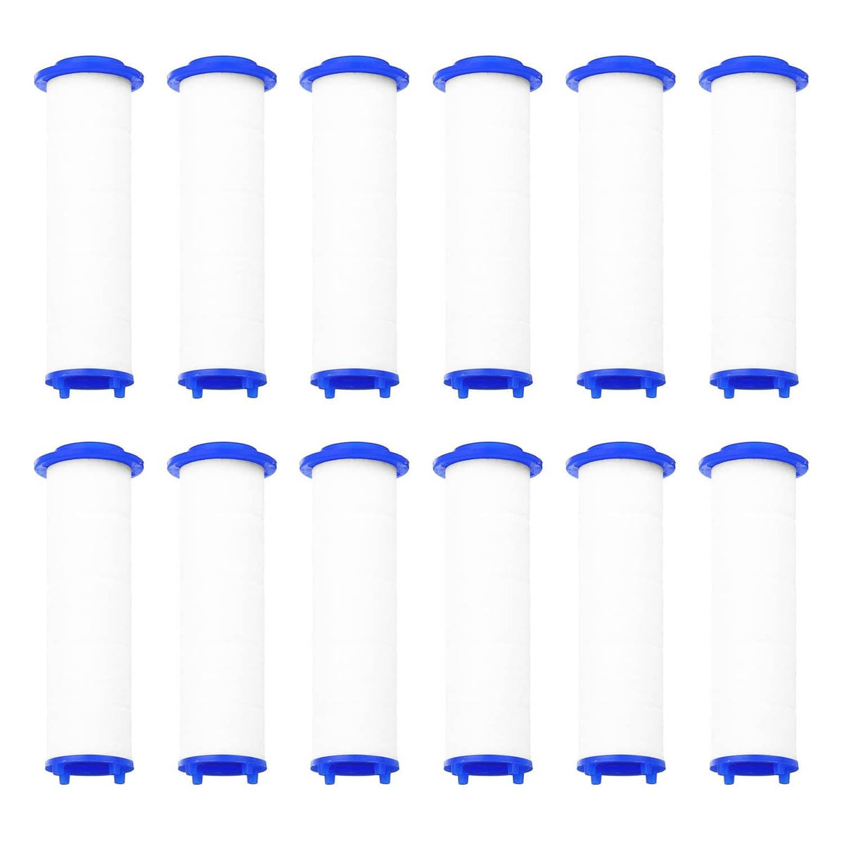 Set of 12 white shower filter cartridges with blue end caps