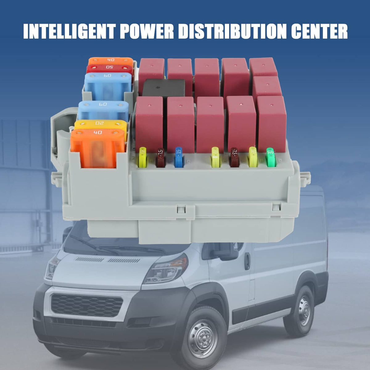 Intelligent power distribution center with rows of red fuses and small blue, green, orange blocks