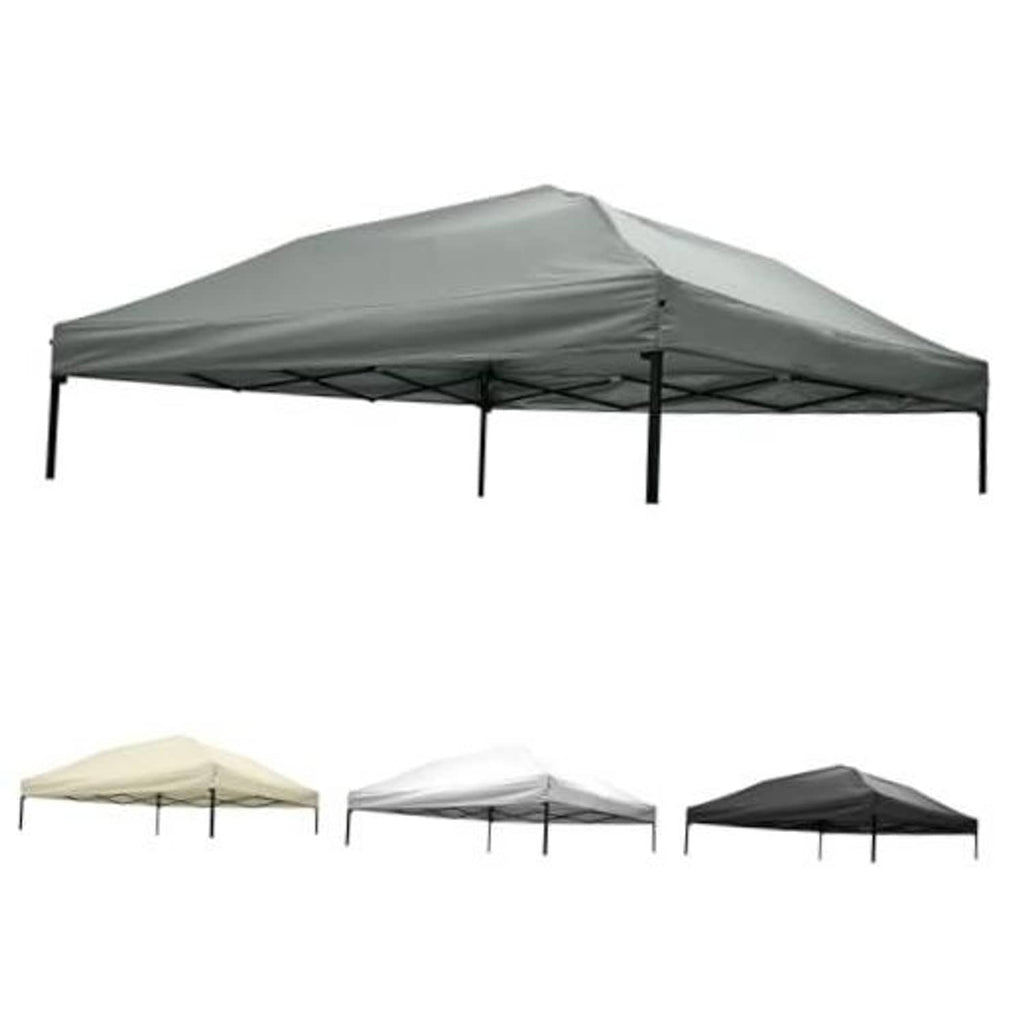 Gray 10x10 canopy replacement top with open sides and peaked-free slanted roof