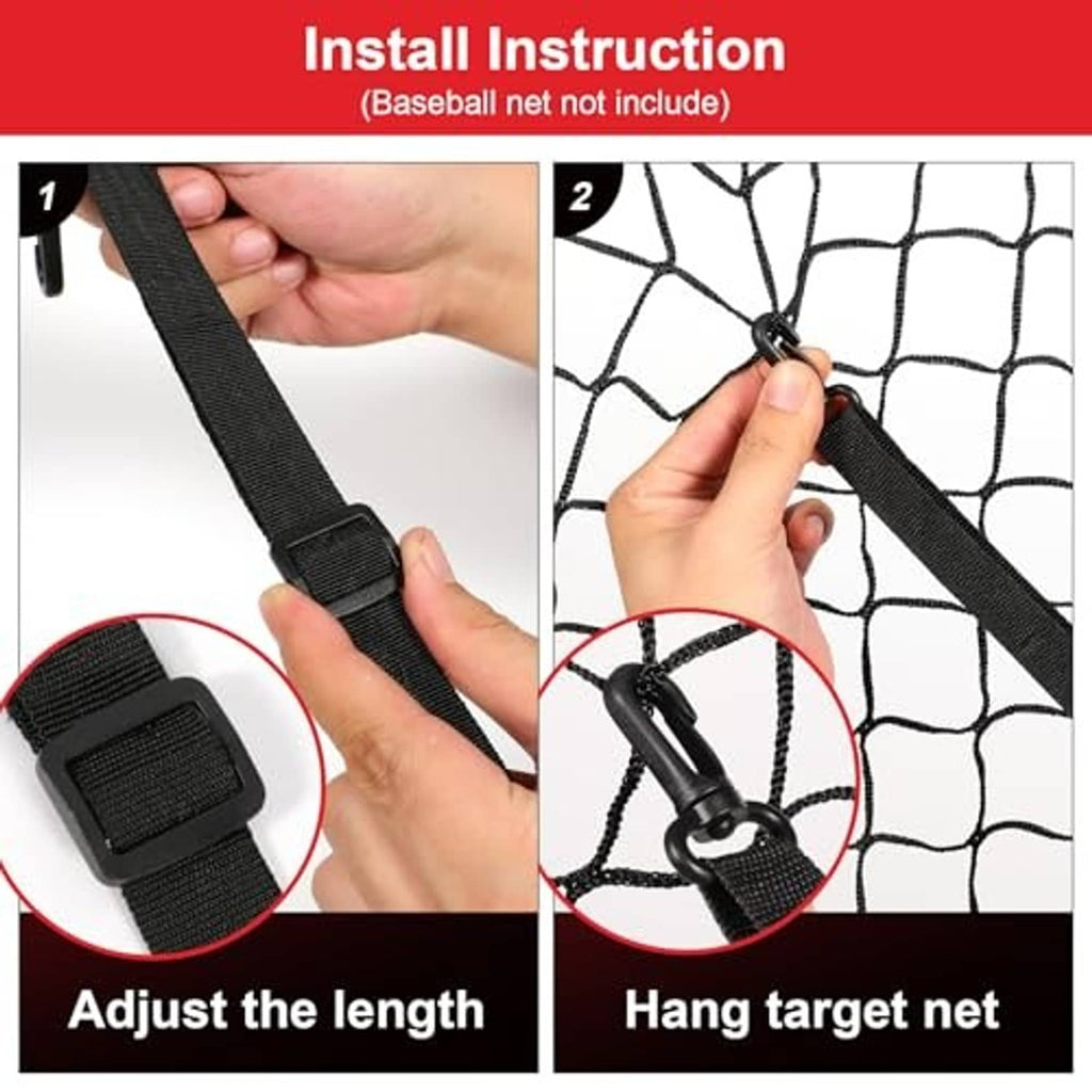 Strike zone target net strap and buckle attachment details for installing the net