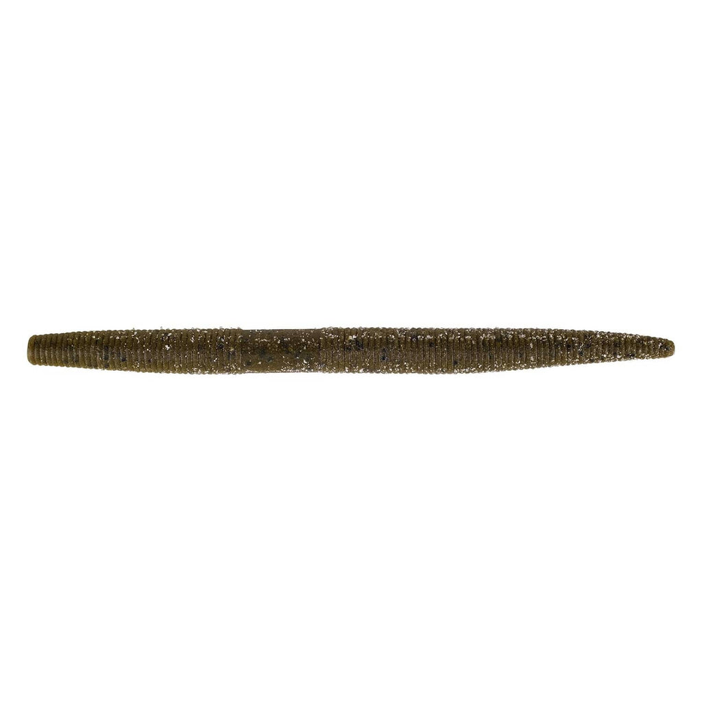 Dark olive green soft plastic stick worm lure on white background