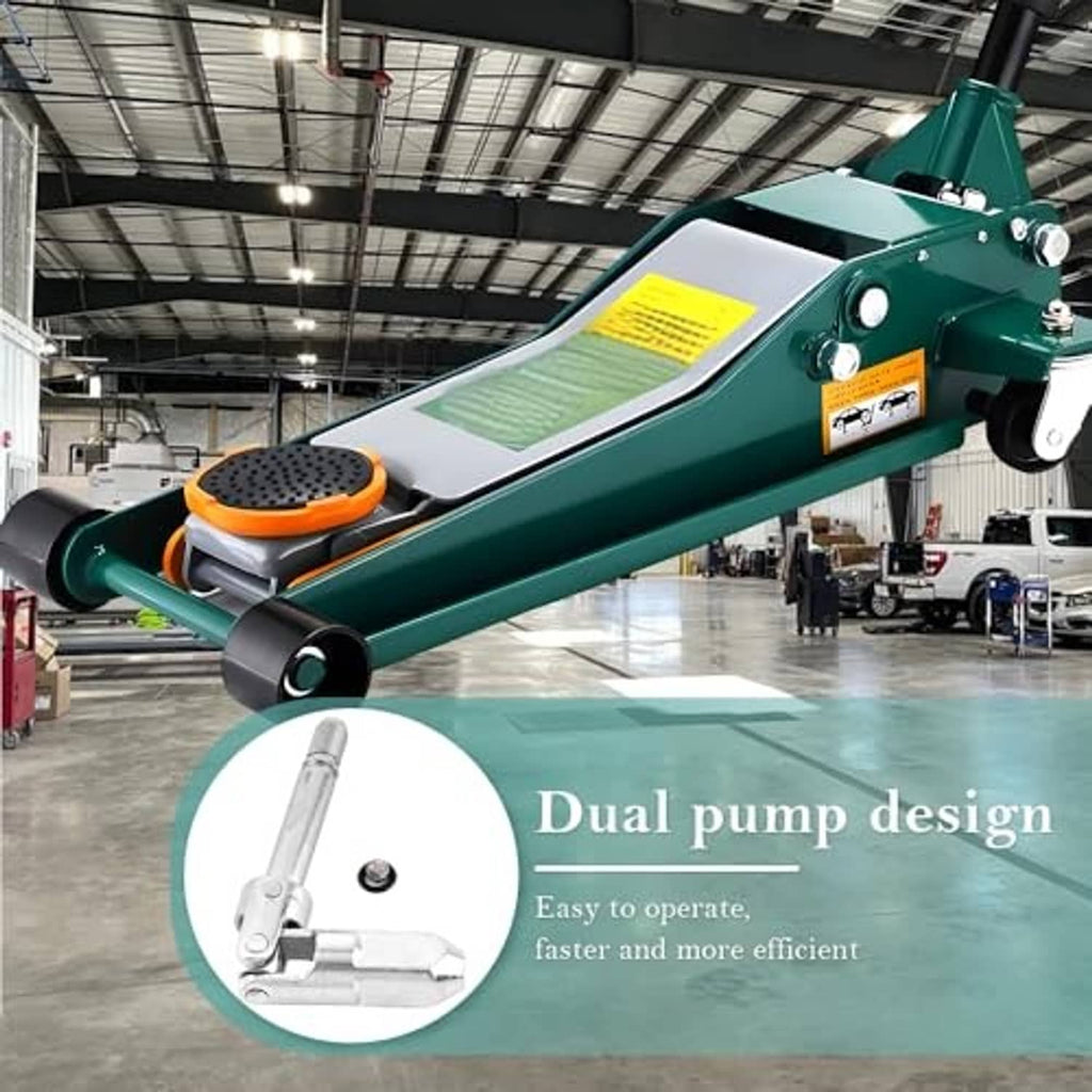 Green-and-silver horizontal floor jack with silver universal joint drop shaft