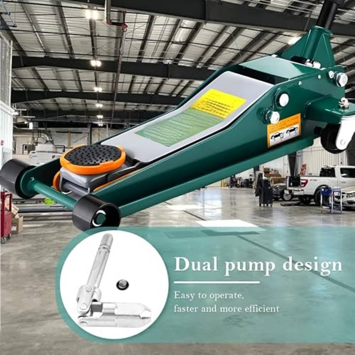 Green-and-silver horizontal floor jack with silver universal joint drop shaft