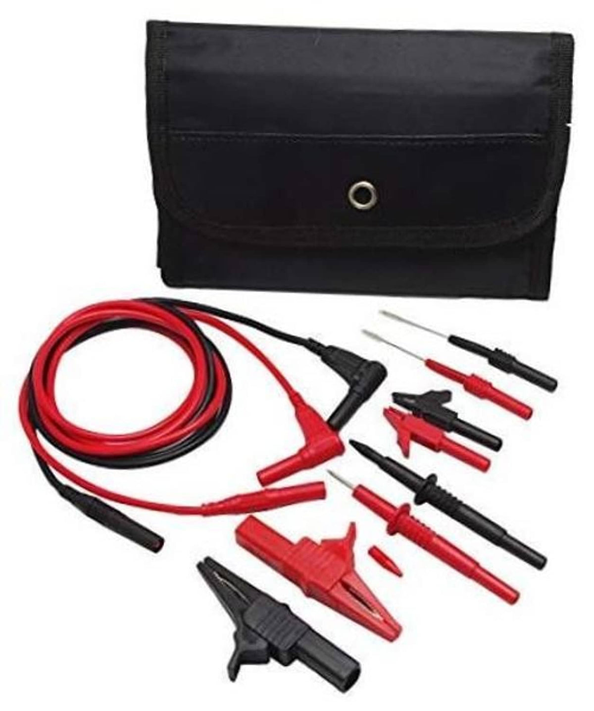Automotive test lead kit with black pouch and assorted red/black probe leads