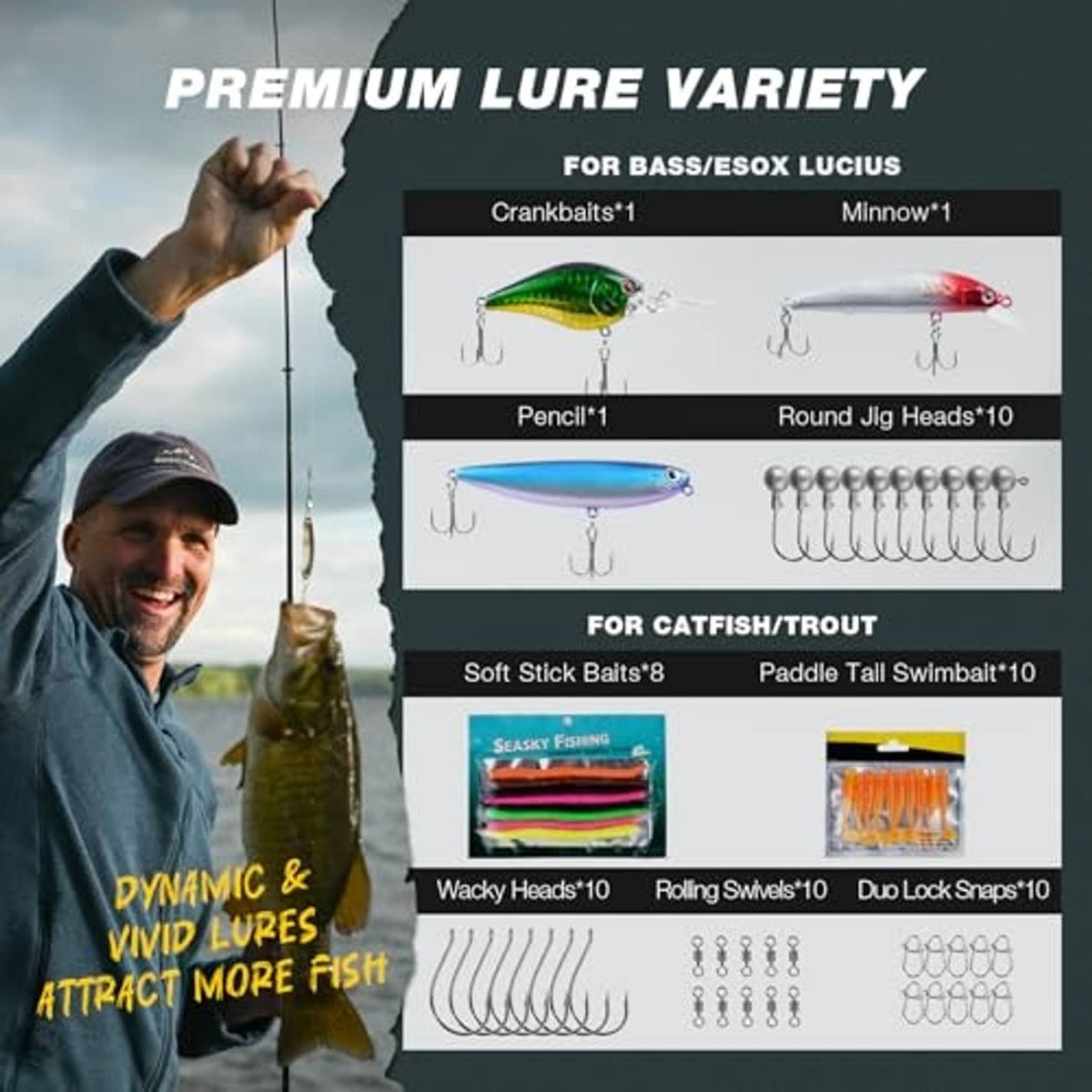 Fishing lure assortment with crankbaits, minnows, and spinner bait hooks