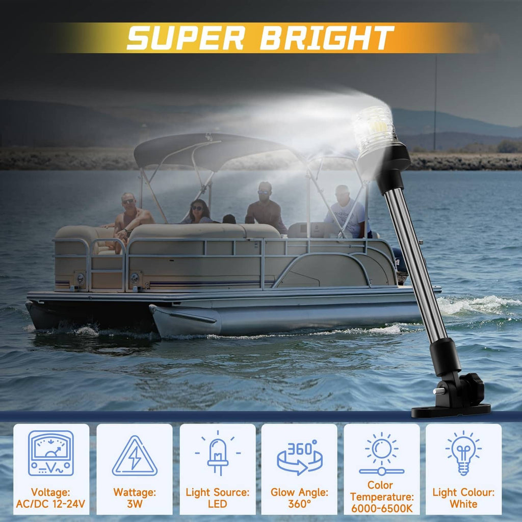Bimini top anchor light mounted on tall silver post with black clamp base