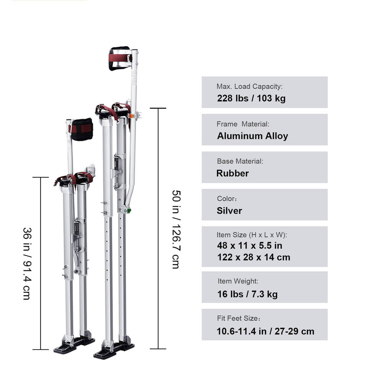 Aluminum frame drywall stilts with rubber base feet and black-and-red knee pads
