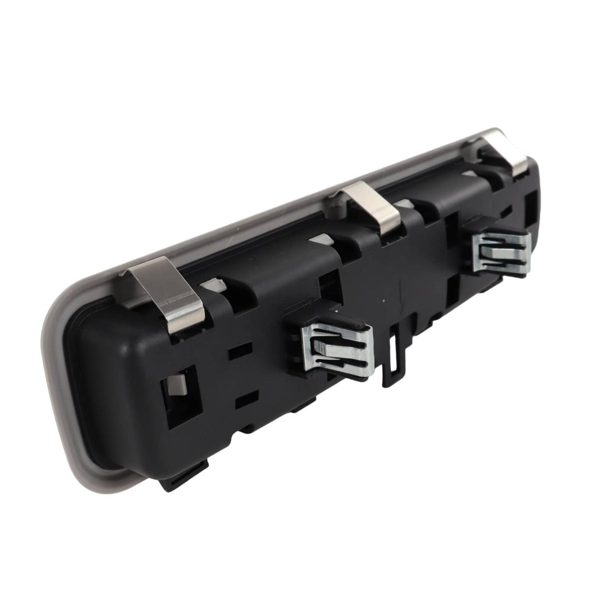 Rear dome light lamp housing, angled view of black frame and metal contact posts