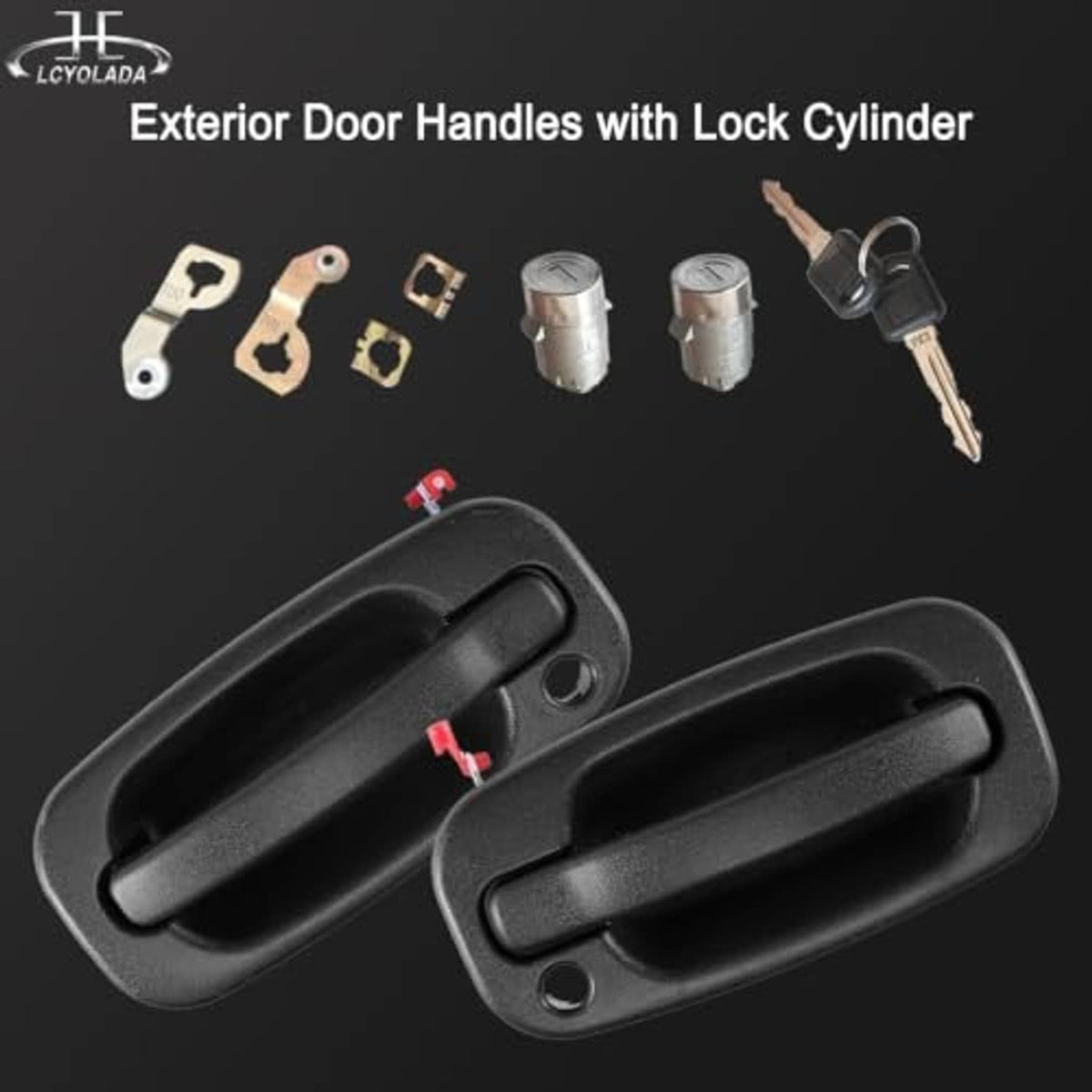 Front exterior door handles with lock cylinders and keys, black