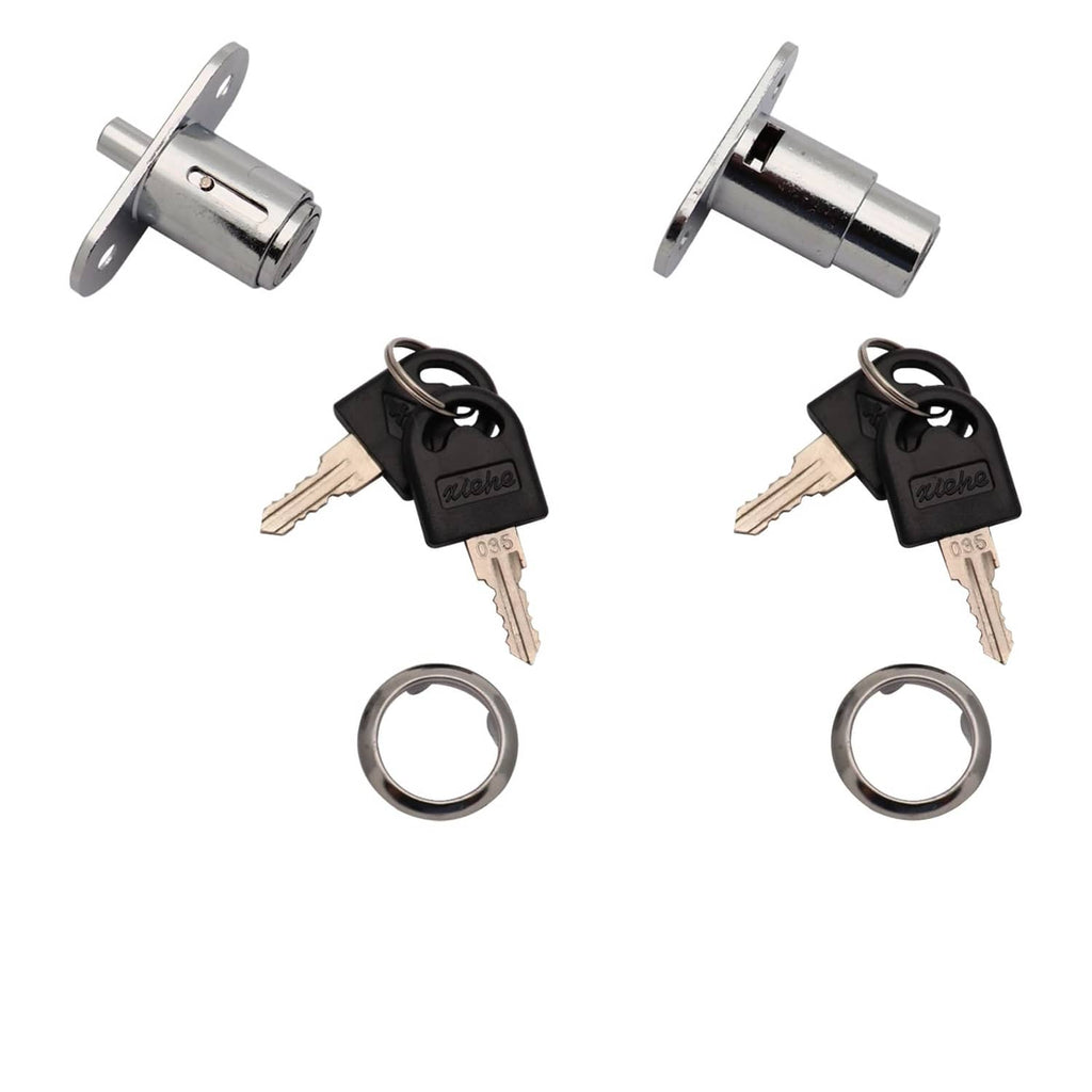 Pair of silver plunger locks with black cylinders, keys and key rings