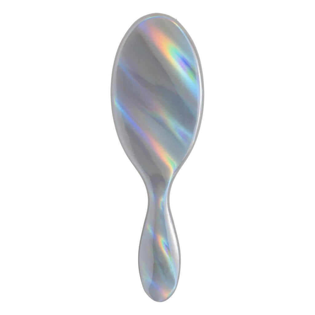 Iridescent detangling hair brush with oval cushion and flexible bristles