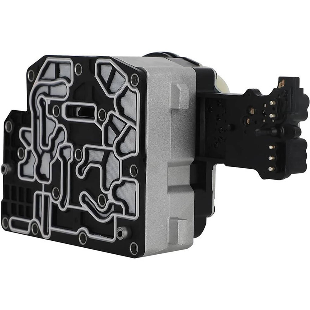 Transmission solenoid pack with black circuit panel and metal housing, angled