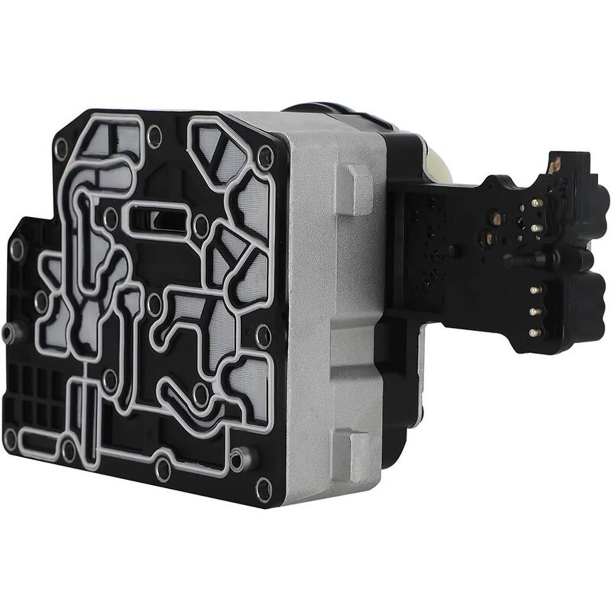 Transmission solenoid pack with black circuit panel and metal housing, angled