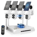 Outdoor solar PTZ security camera system with four white dome cameras, solar panels, base