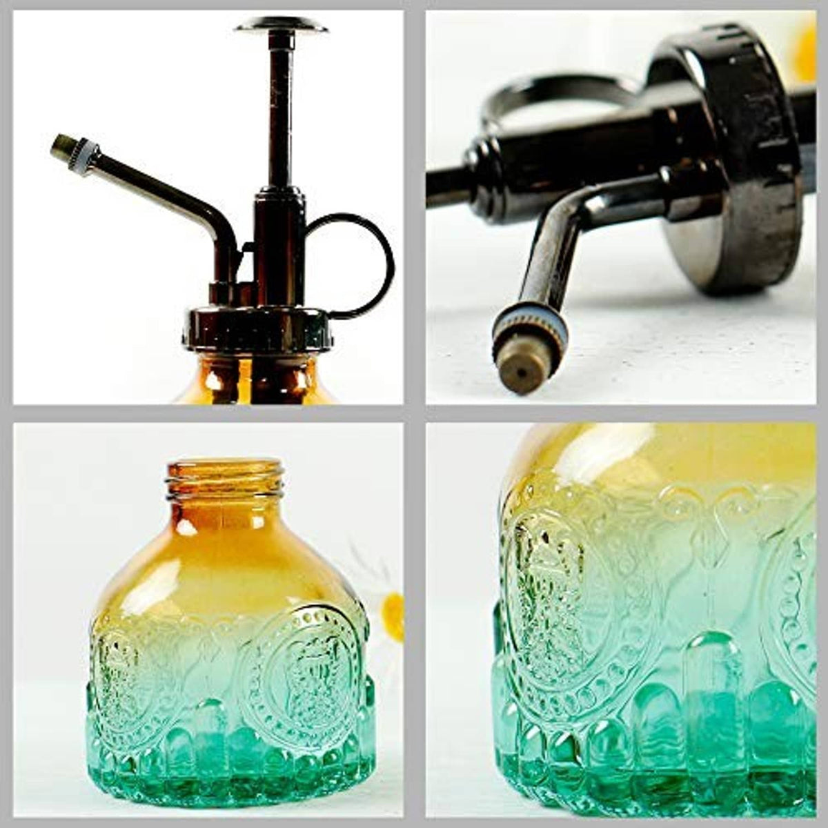 Glass plant mister sprayer bottle with black pump and ribbed amber-teal glass (detail views).