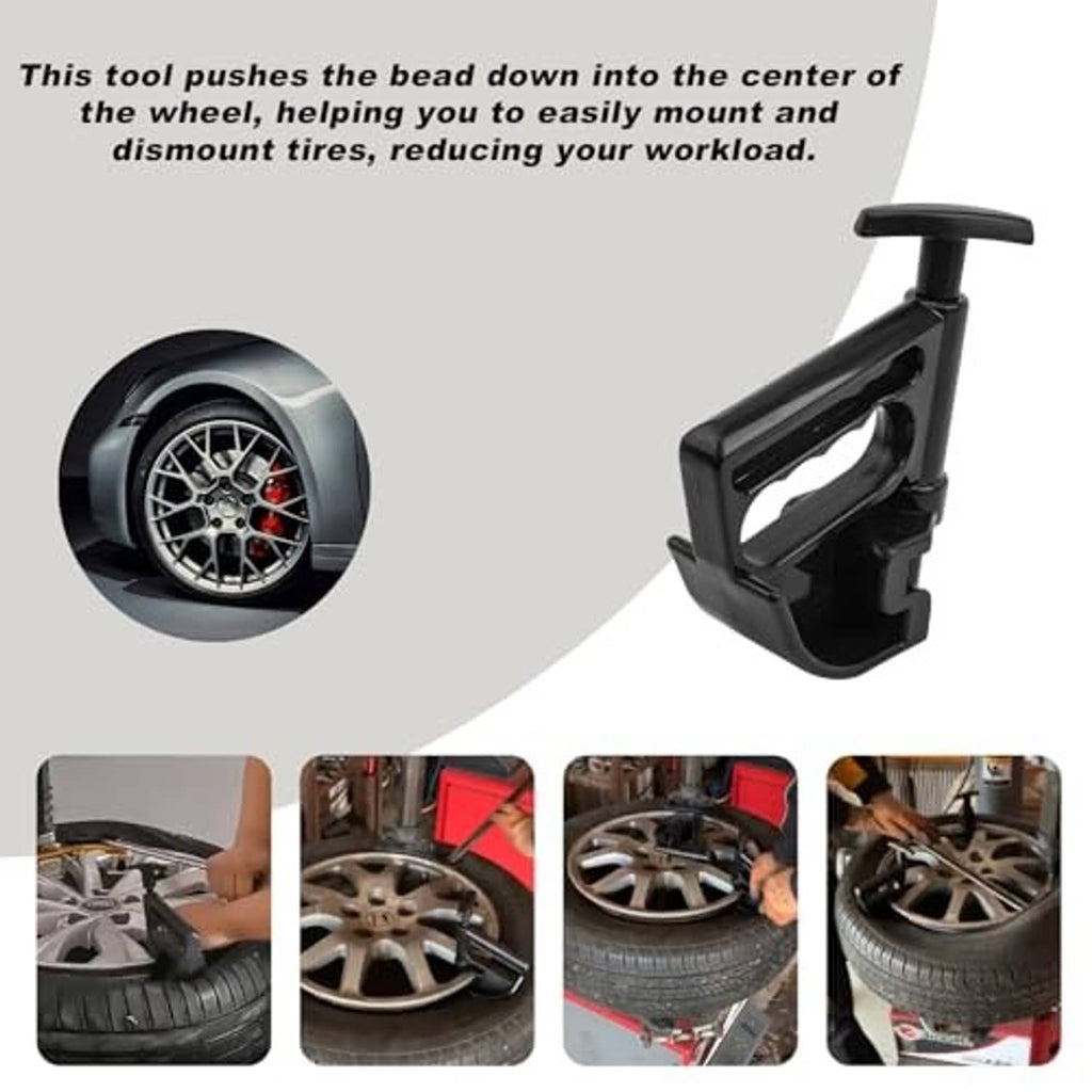 Black tire bead clamp tool with handle and jaw for pressing tire bead to rim center