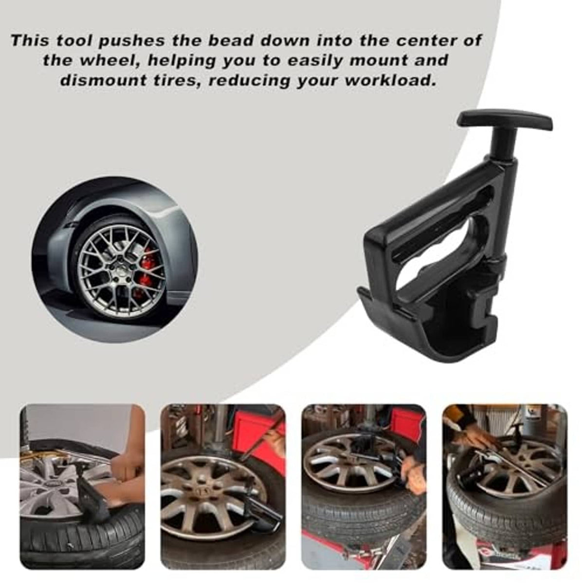 Black tire bead clamp tool with handle and jaw for pressing tire bead to rim center