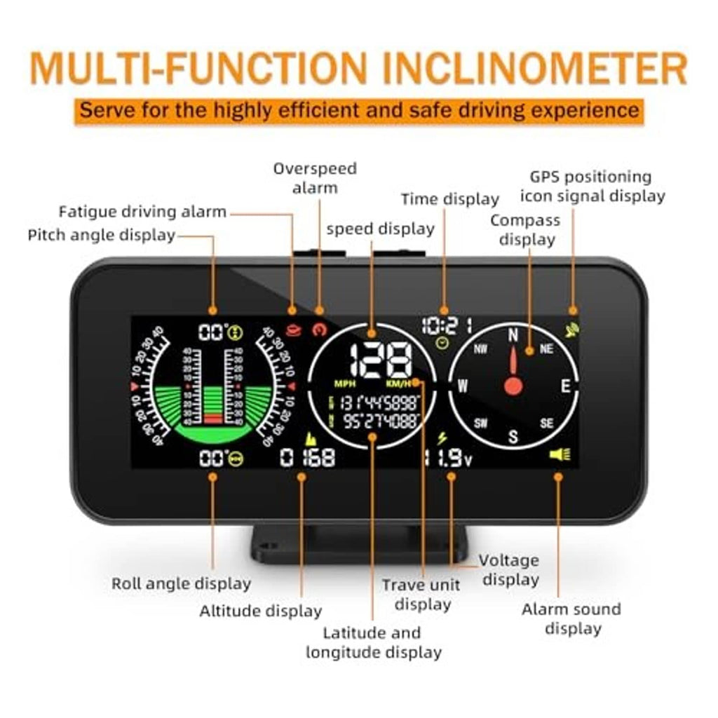 HUD inclinometer screen showing pitch, roll, speed, voltage, and compass readings
