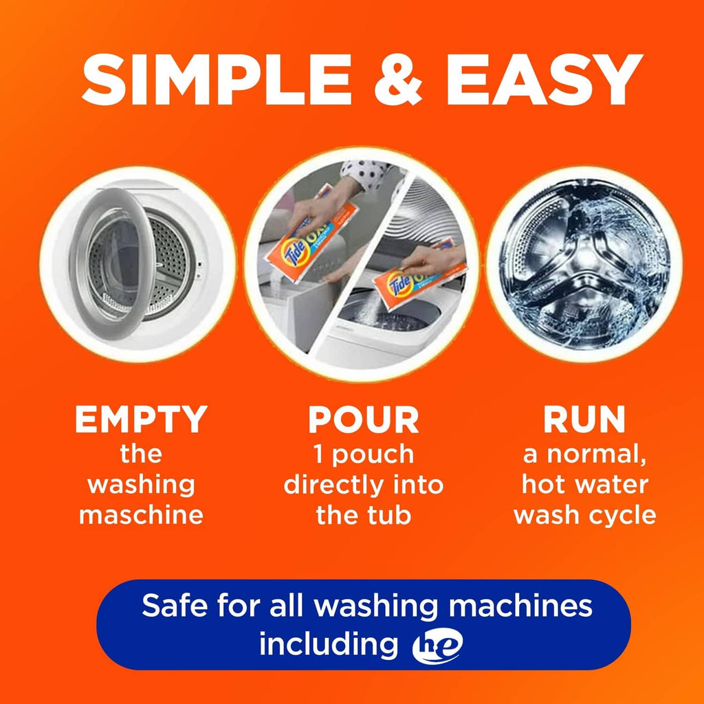 Tide washing machine cleaner simple steps graphic with empty, pour, run cycle icons