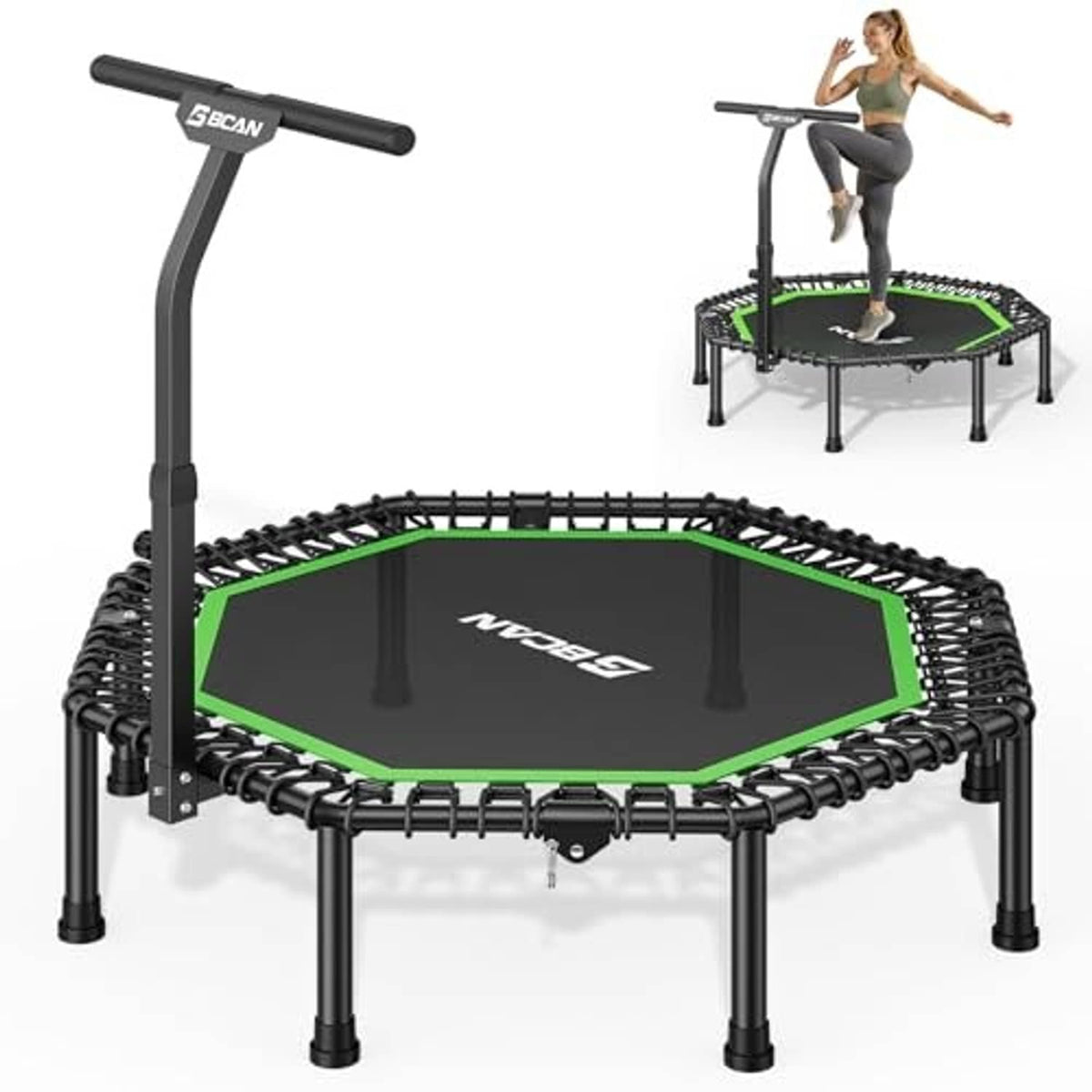 Octagonal rebounder trampoline with upright handlebar, green-trim jumping surface, spring frame
