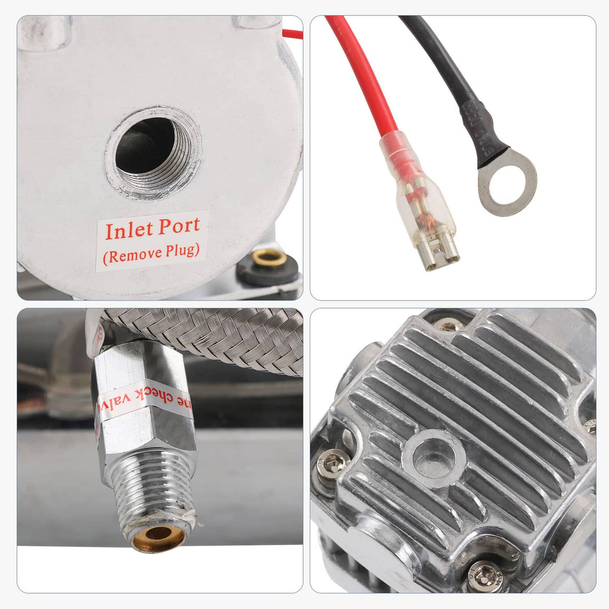 Air compressor inlet port and connection fittings with braided hose end detail