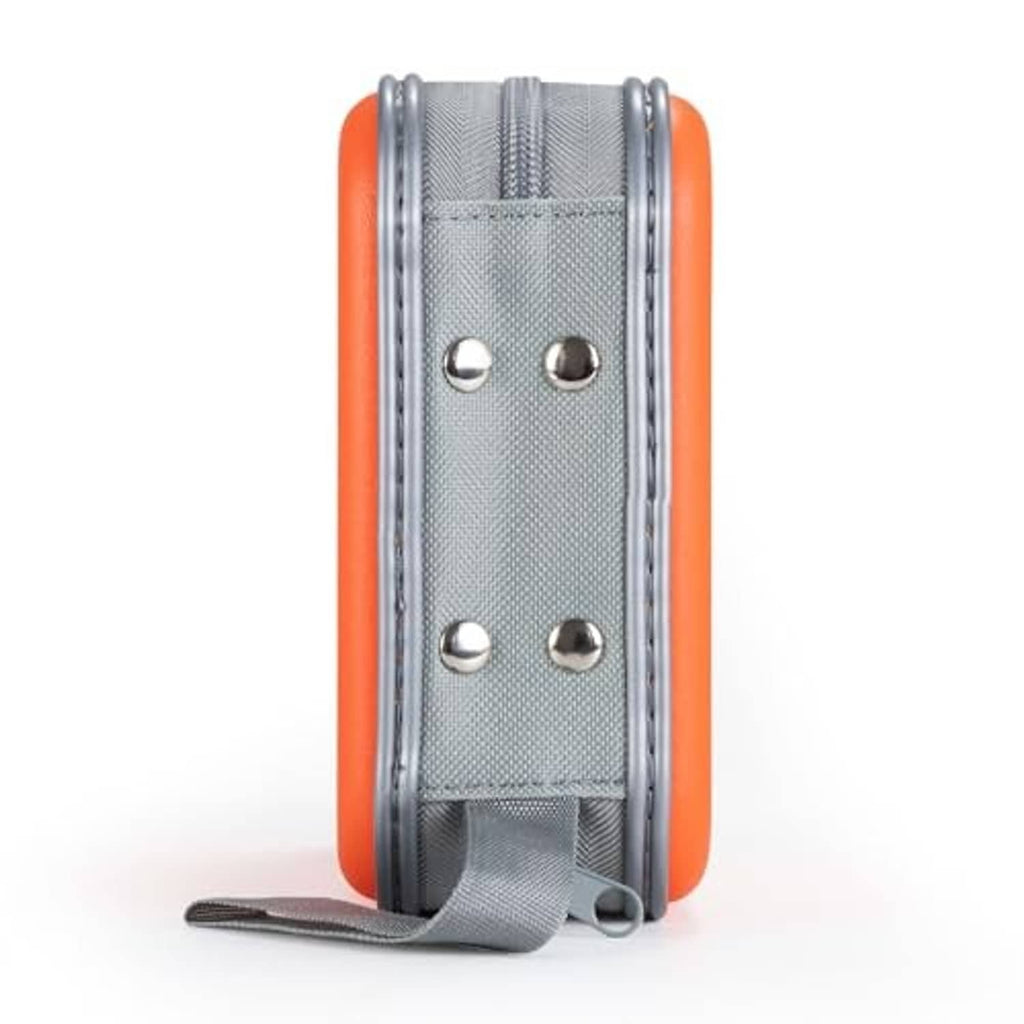 Orange hard DVD/CD case front view with grey textured panel and four metal rivets.