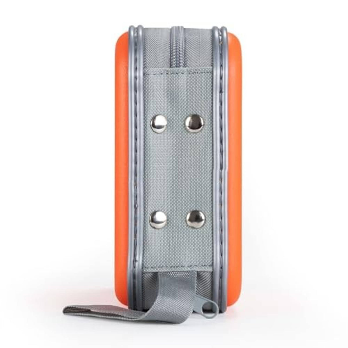 Orange hard DVD/CD case front view with grey textured panel and four metal rivets.