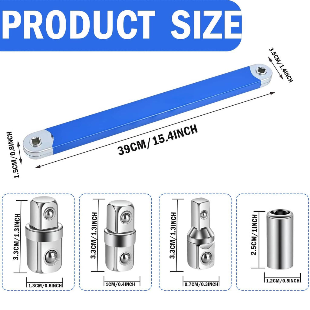 Blue offset extension wrench with multiple socket sizes shown