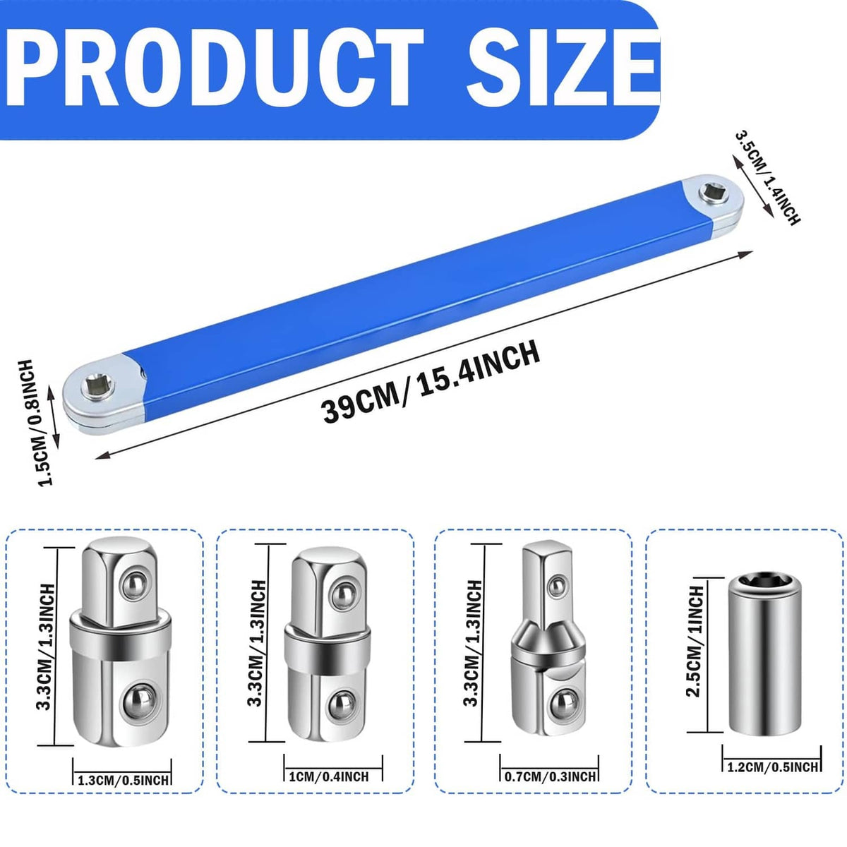 Blue offset extension wrench with multiple socket sizes shown
