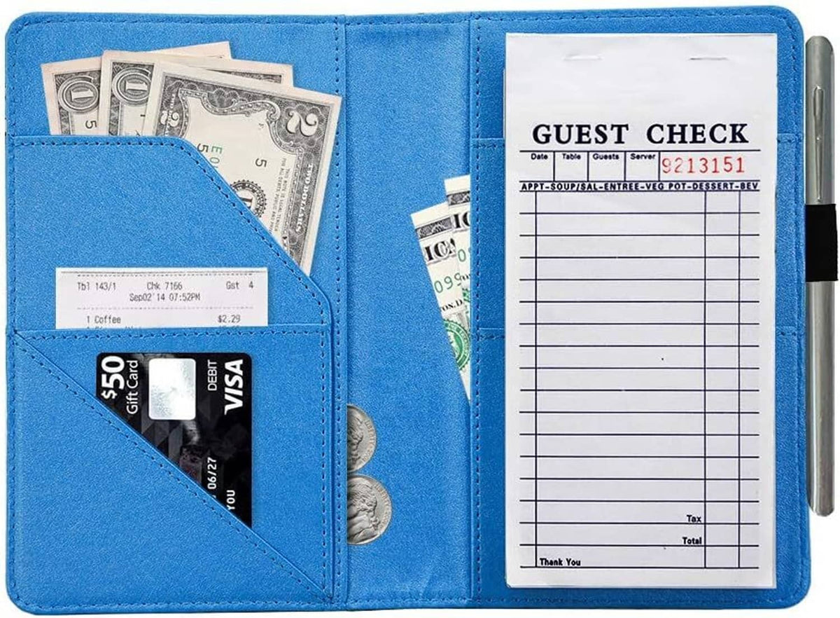 Server book holder open with guest check card and payment slots on blue folio