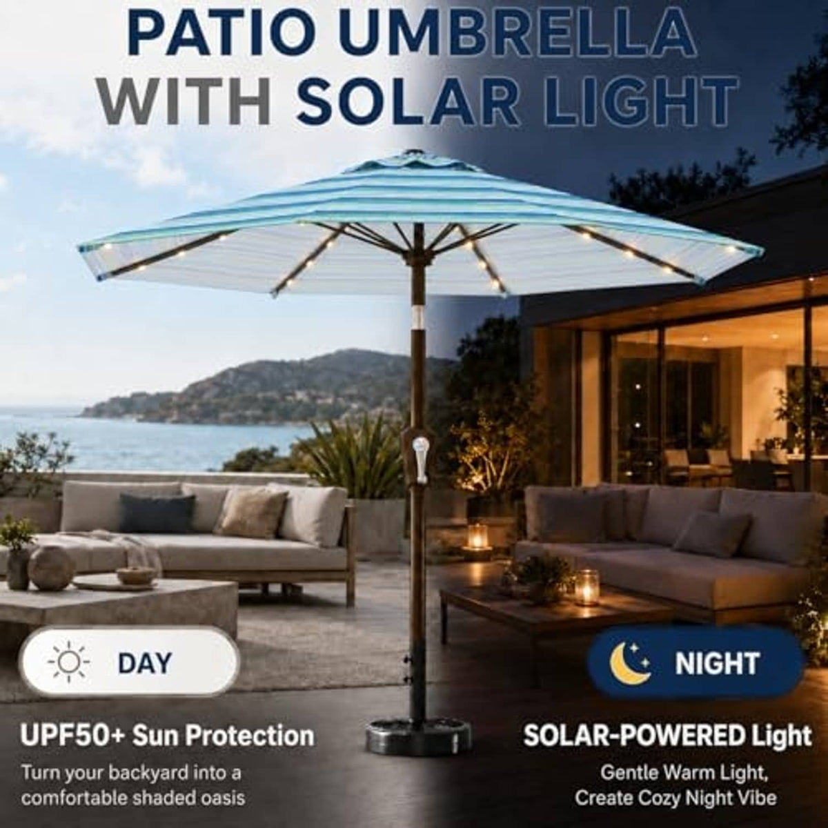 Outdoor table umbrella with striped canopy and solar-powered warm light glow