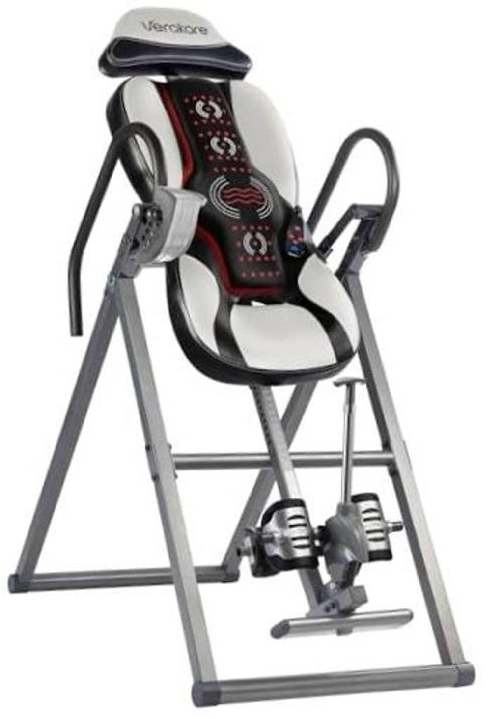 Heat and massage inversion table with padded headrest and black cushioned backrest