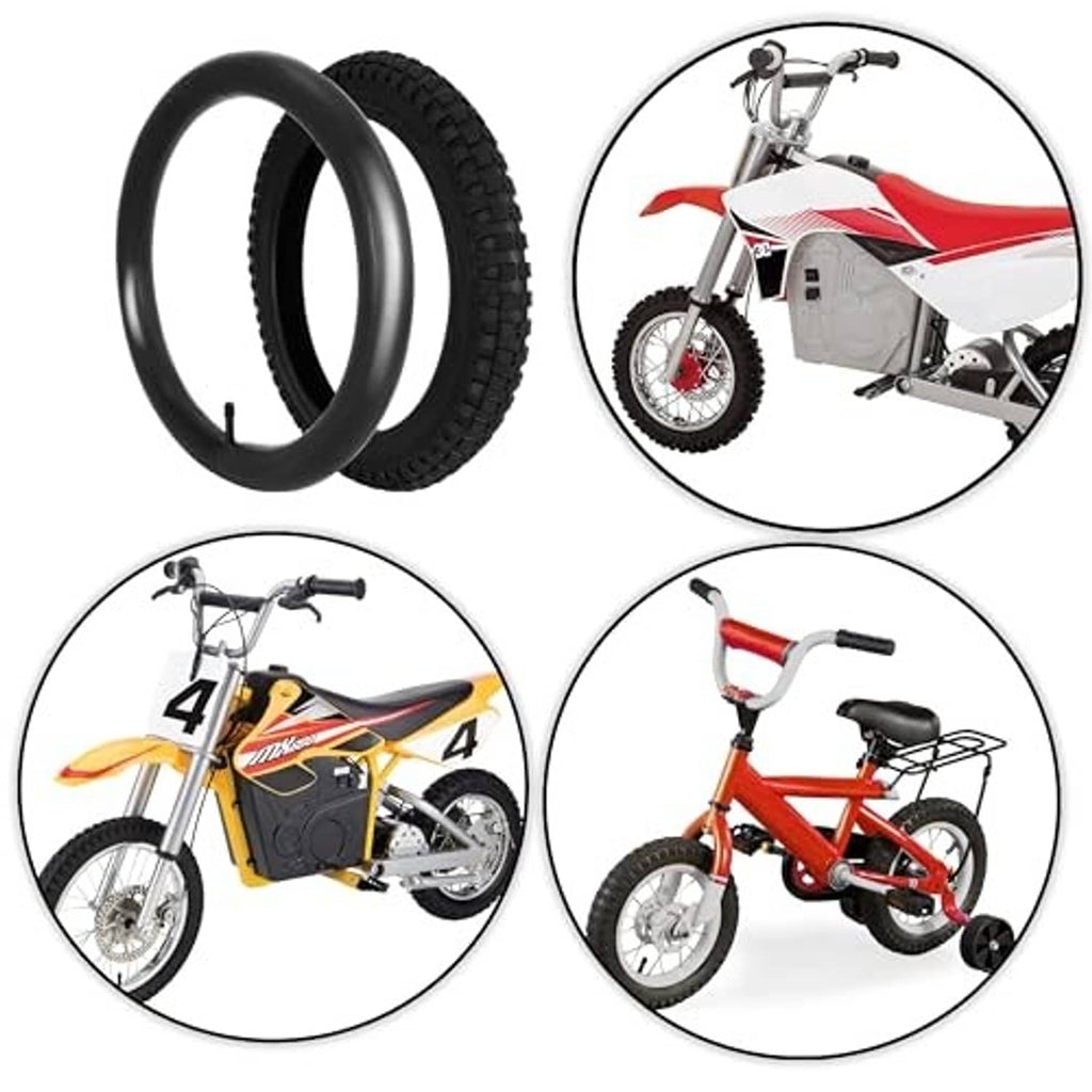 16-inch tire and inner tube set shown with compatibility circles for bikes