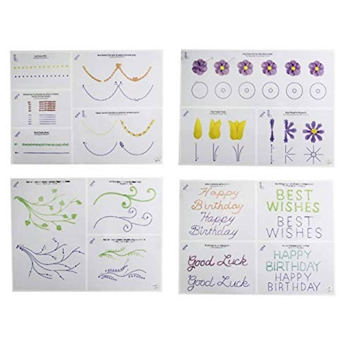 Four practice board sheets featuring bows, curves, and birthday text practice