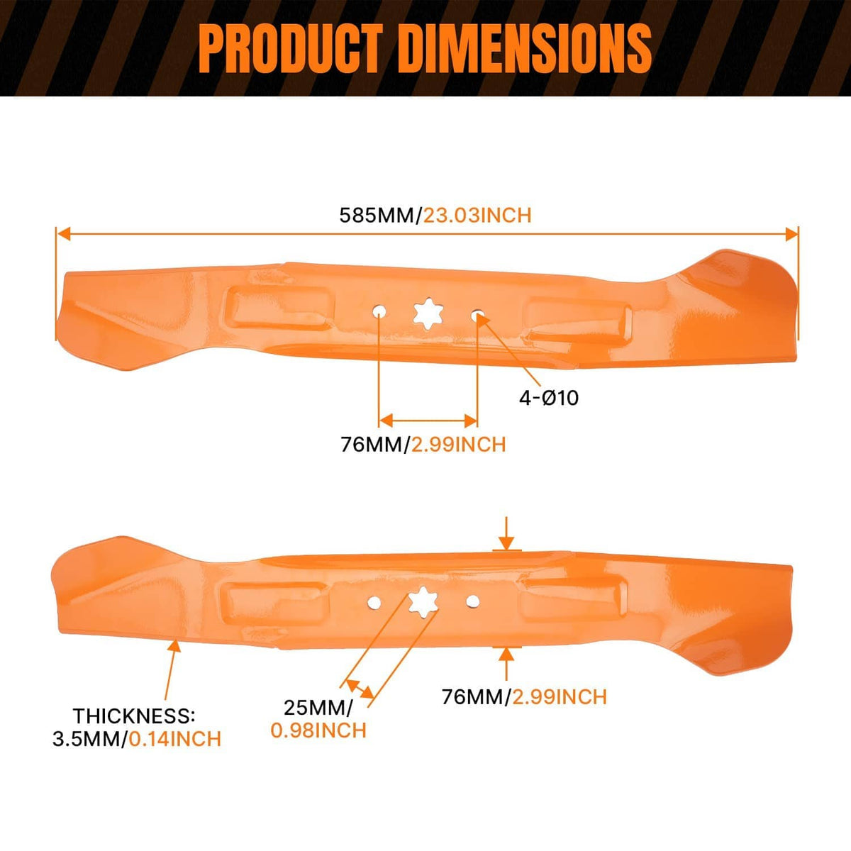 Orange mower blade pair shown with mounting holes and star-shaped center cutout