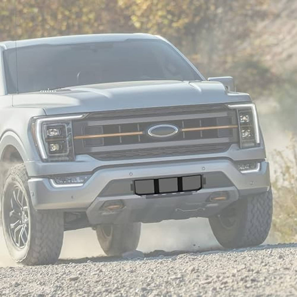 Black front lower center bumper grille on gray Ford F-150 front view