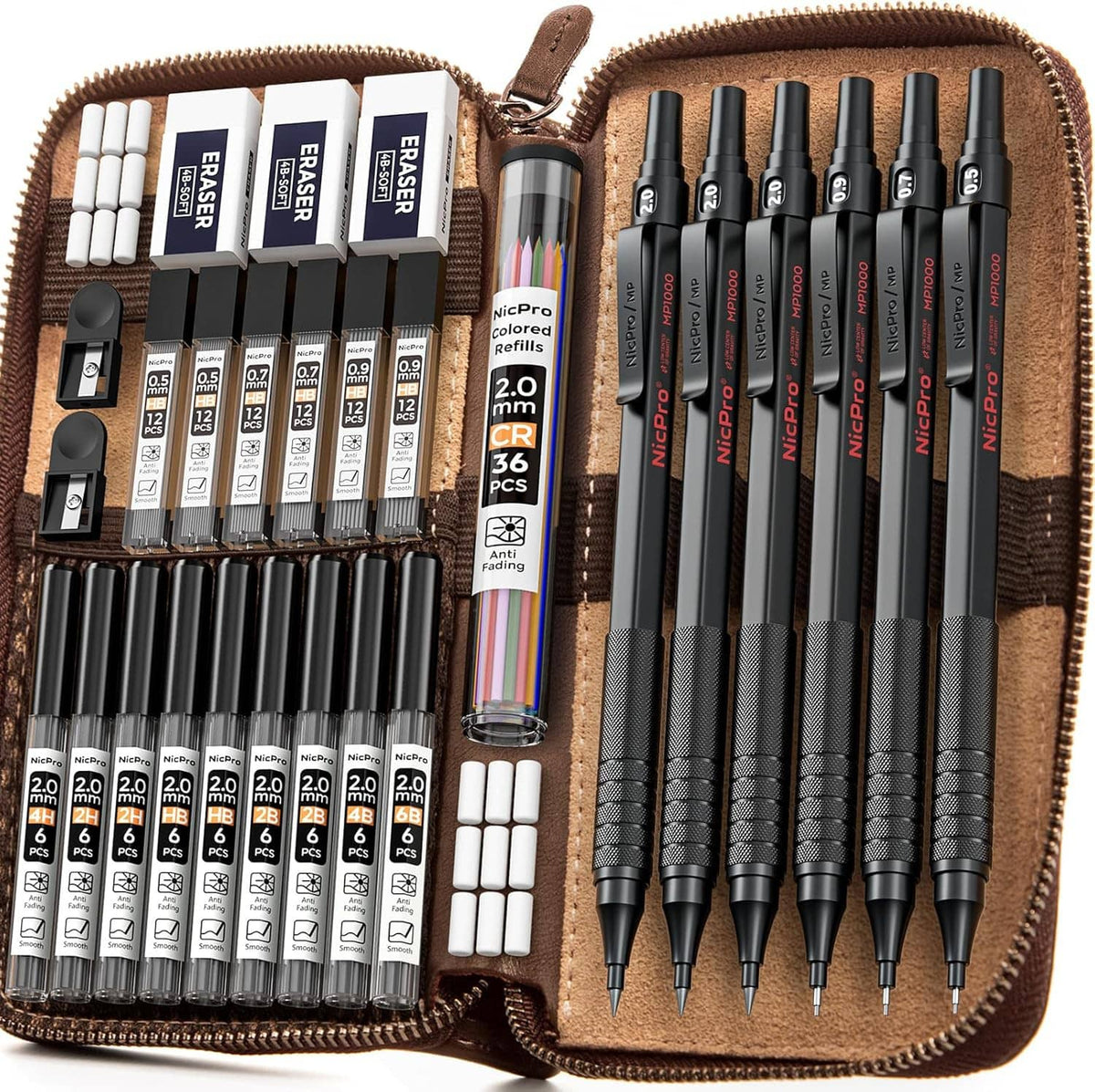 Complete black mechanical pencil kit in brown leather case with 30 pencils and refills.