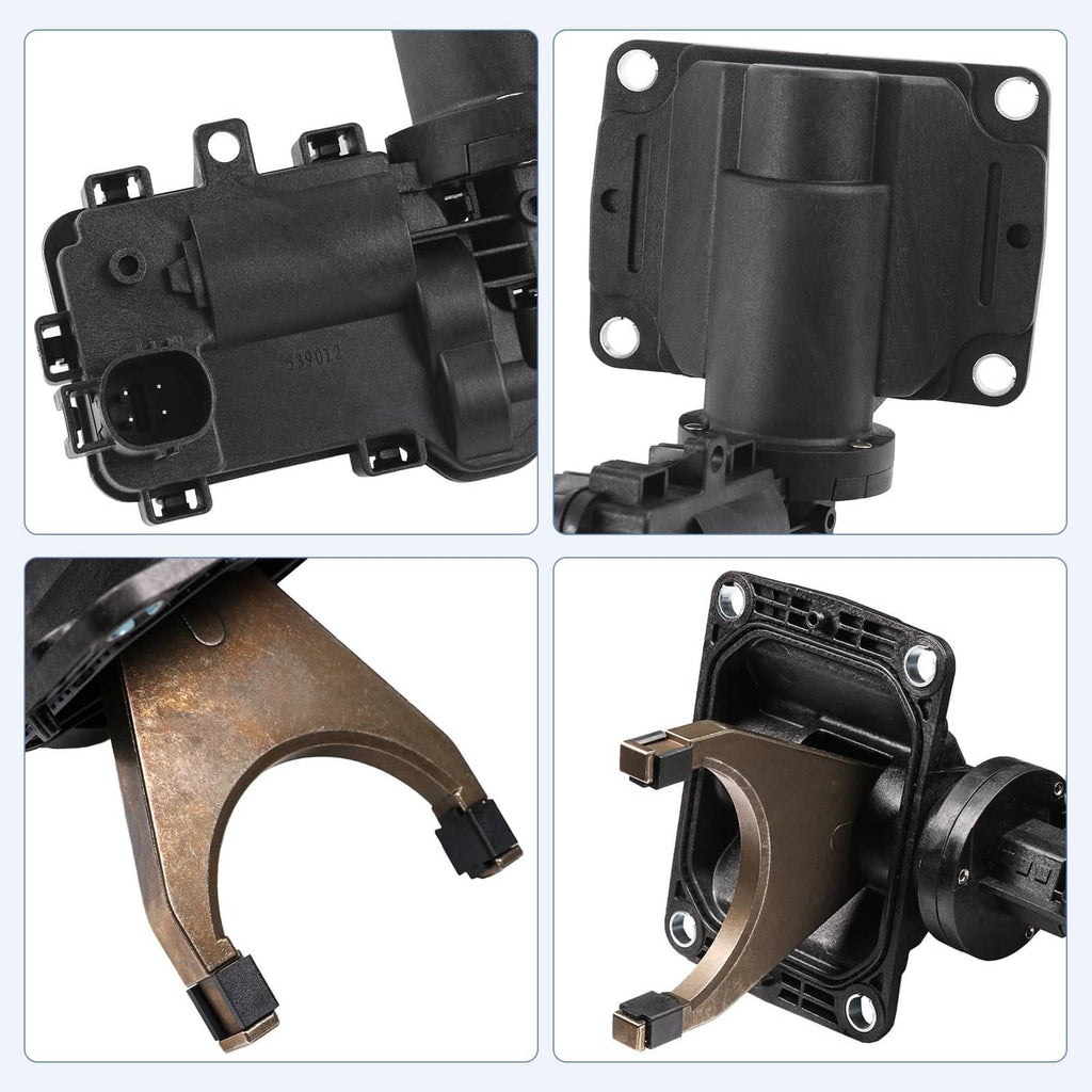 Black axle disconnect actuator fork with visible connector and mounting screw points