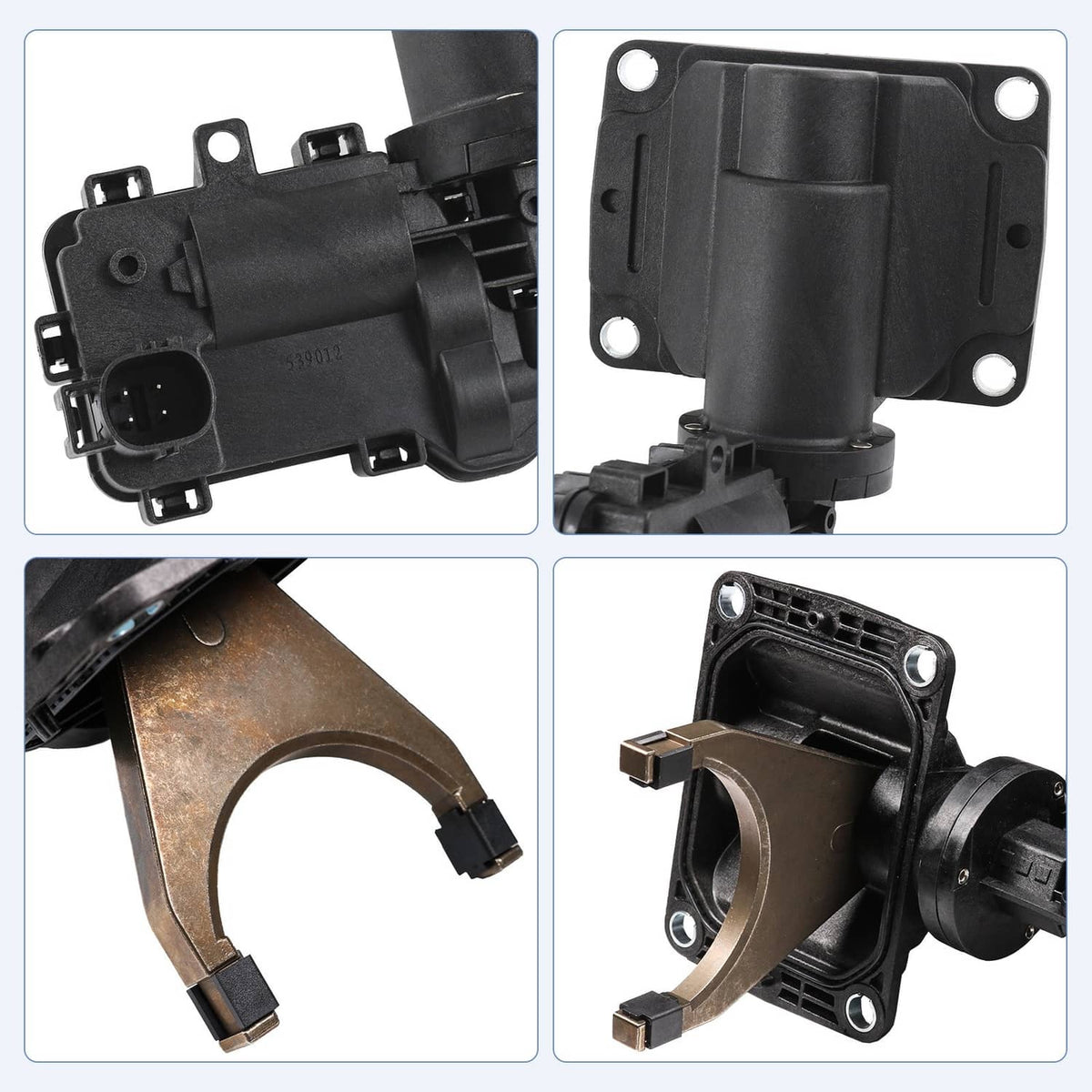 Black axle disconnect actuator fork with visible connector and mounting screw points