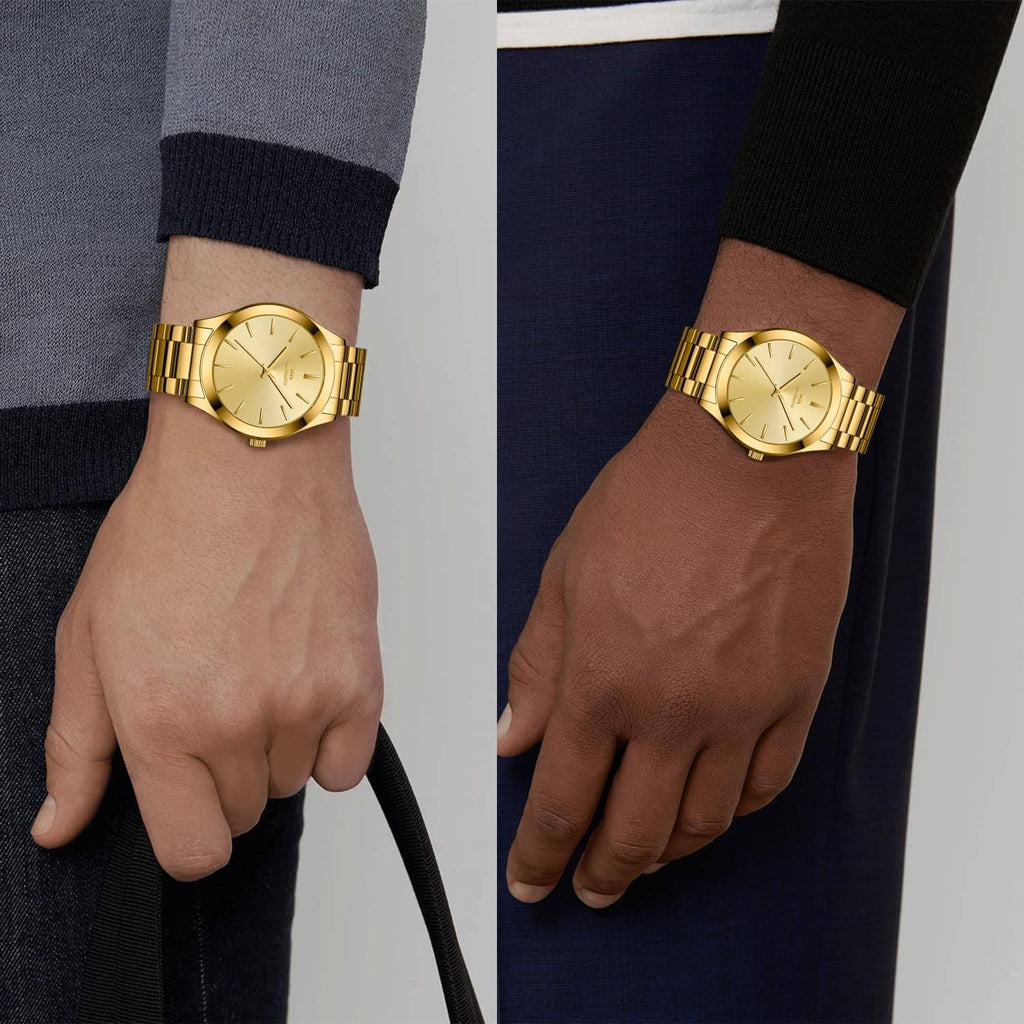 Gold stainless steel men’s wristwatch on wrist with round dial and metal link bracelet