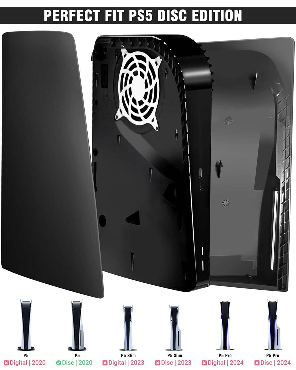 Black PS5 Disc Edition replacement faceplate cover, open rear with fan grille cutout