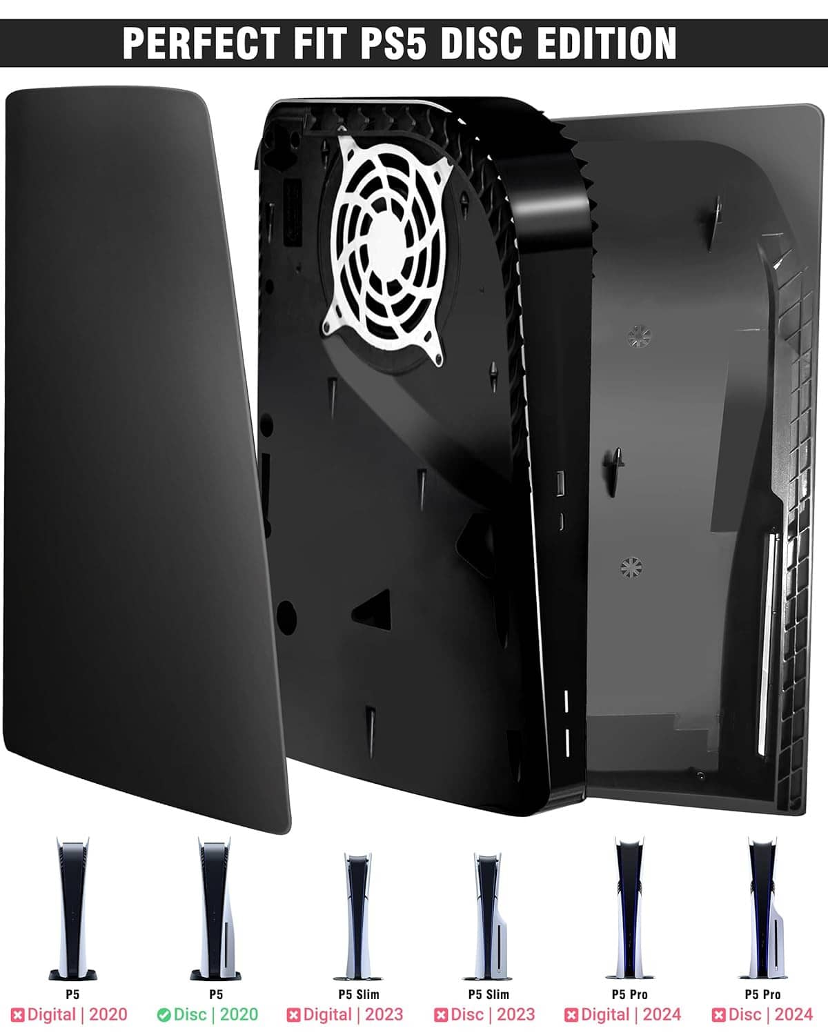 Black PS5 Disc Edition replacement faceplate cover, open rear with fan grille cutout
