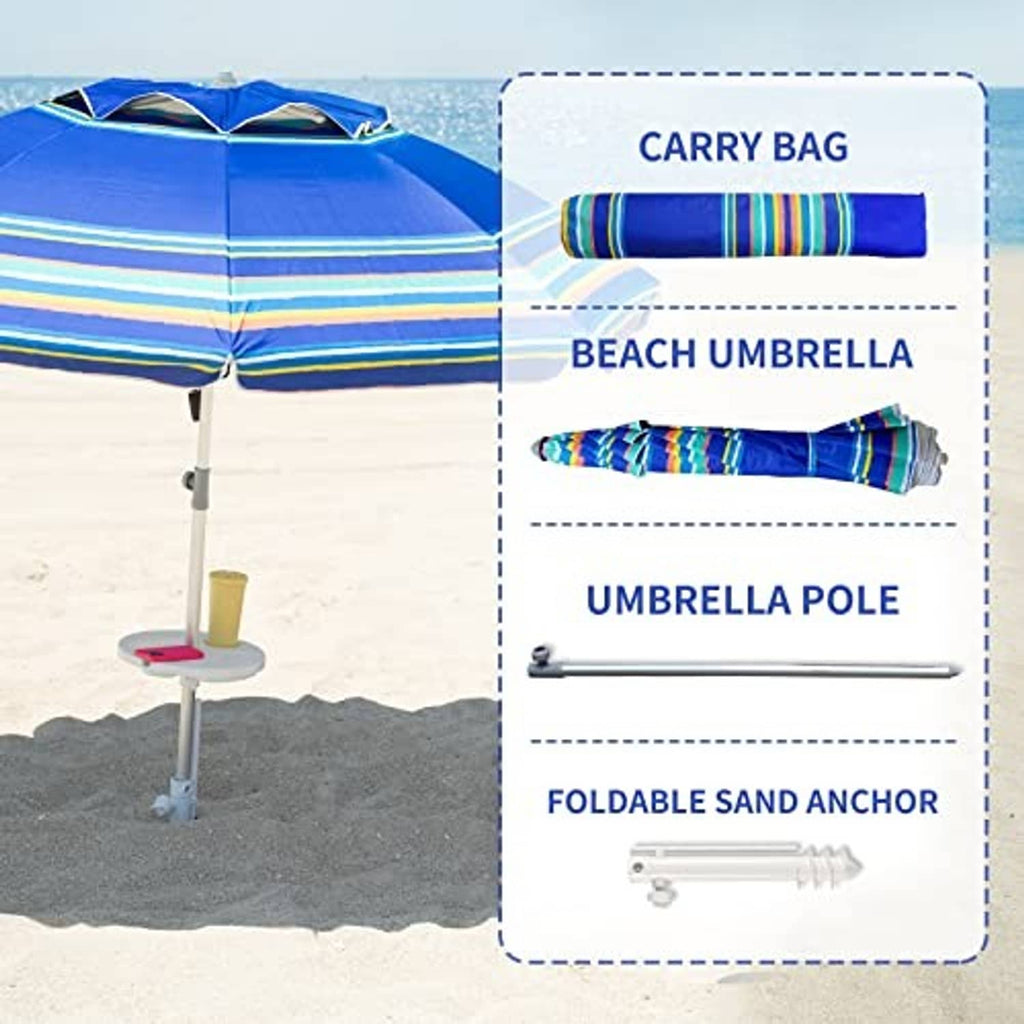Beach umbrella set with striped canopy, carry bag, umbrella pole, and foldable sand anchor