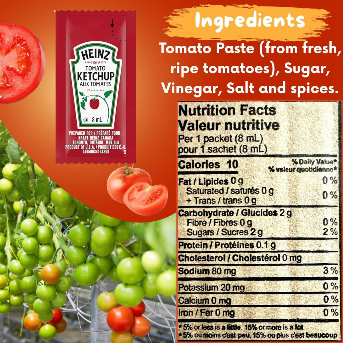 Heinz tomato ketchup condiment packet ingredients and nutrition facts, 8 mL